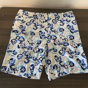 Talbots Women's Floral Print Chino Bermuda Shorts Blue Size 16 Coastal Casual